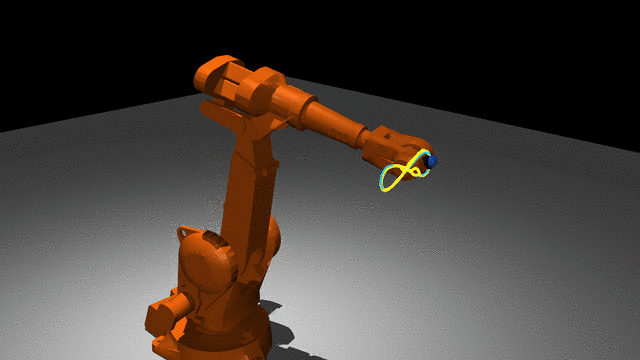 Recorded ABB IRB 2400 MuJoCo figure-eight tracking frame showing the robot and target and executed trajectories