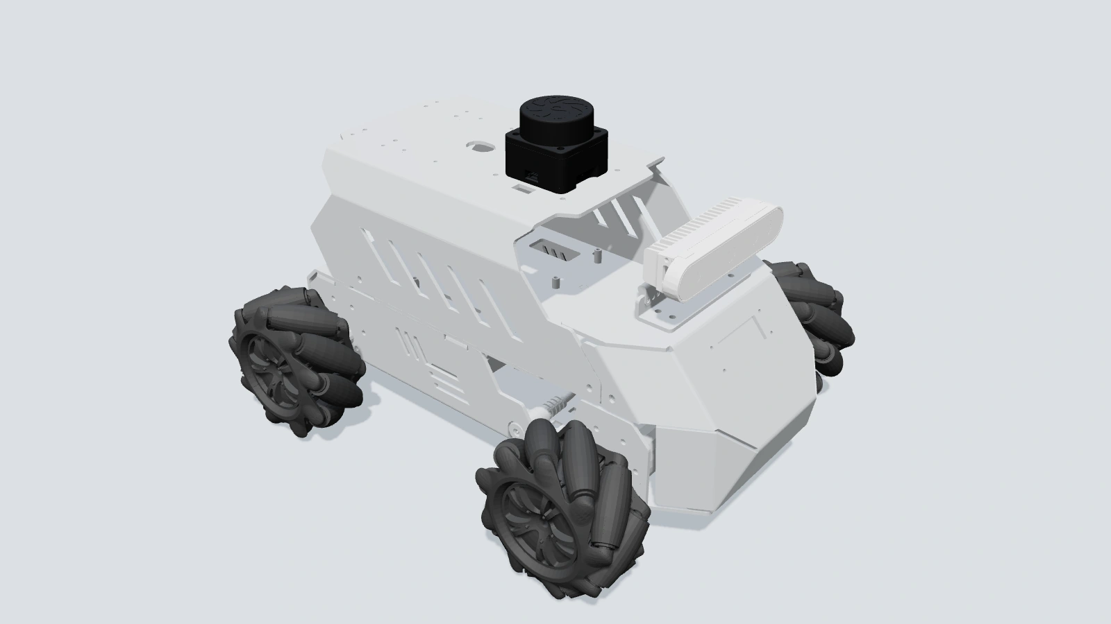 URDF-rendered ROSMASTER M1 model showing the mecanum wheels, top-mounted LiDAR, and front camera