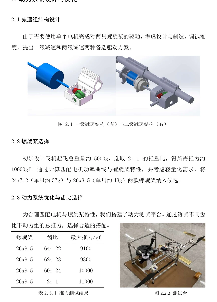 Generation II report page showing reduction-drive concepts and measured thrust table