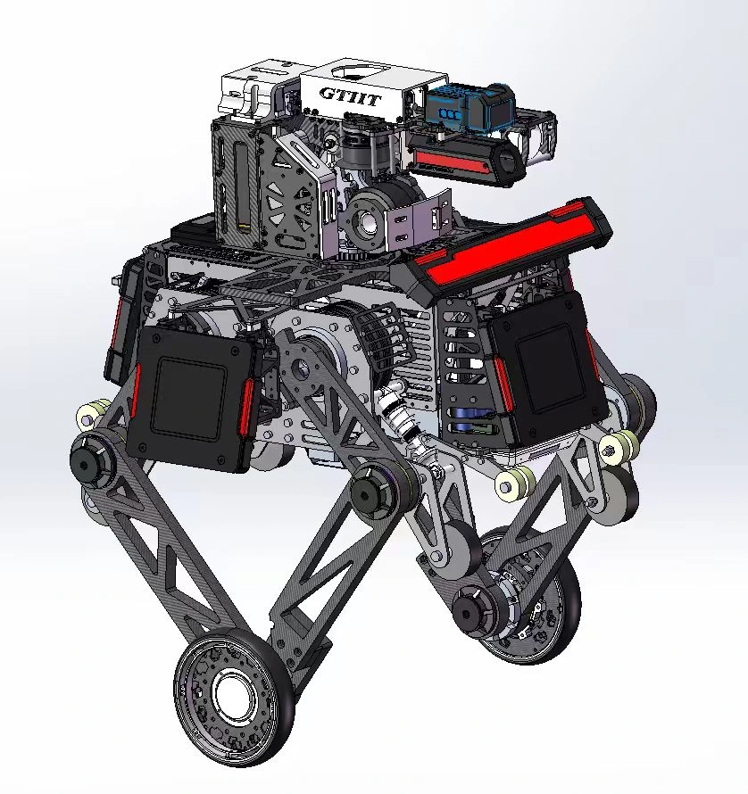 Isometric CAD view of the RoboMaster wheel-legged robot showing the chassis, five-bar legs, and wheels